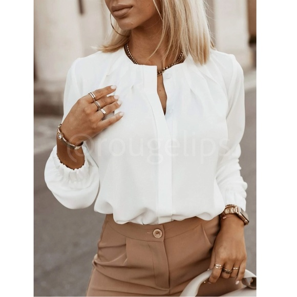 White Hidden Button Down Short Long Sleeve Pleated Details - Picture 6 of 12
